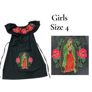 Girls Black Virgin Mary Embroidered Off Shoulder Dress Size 4 Mexican Folkloric‎